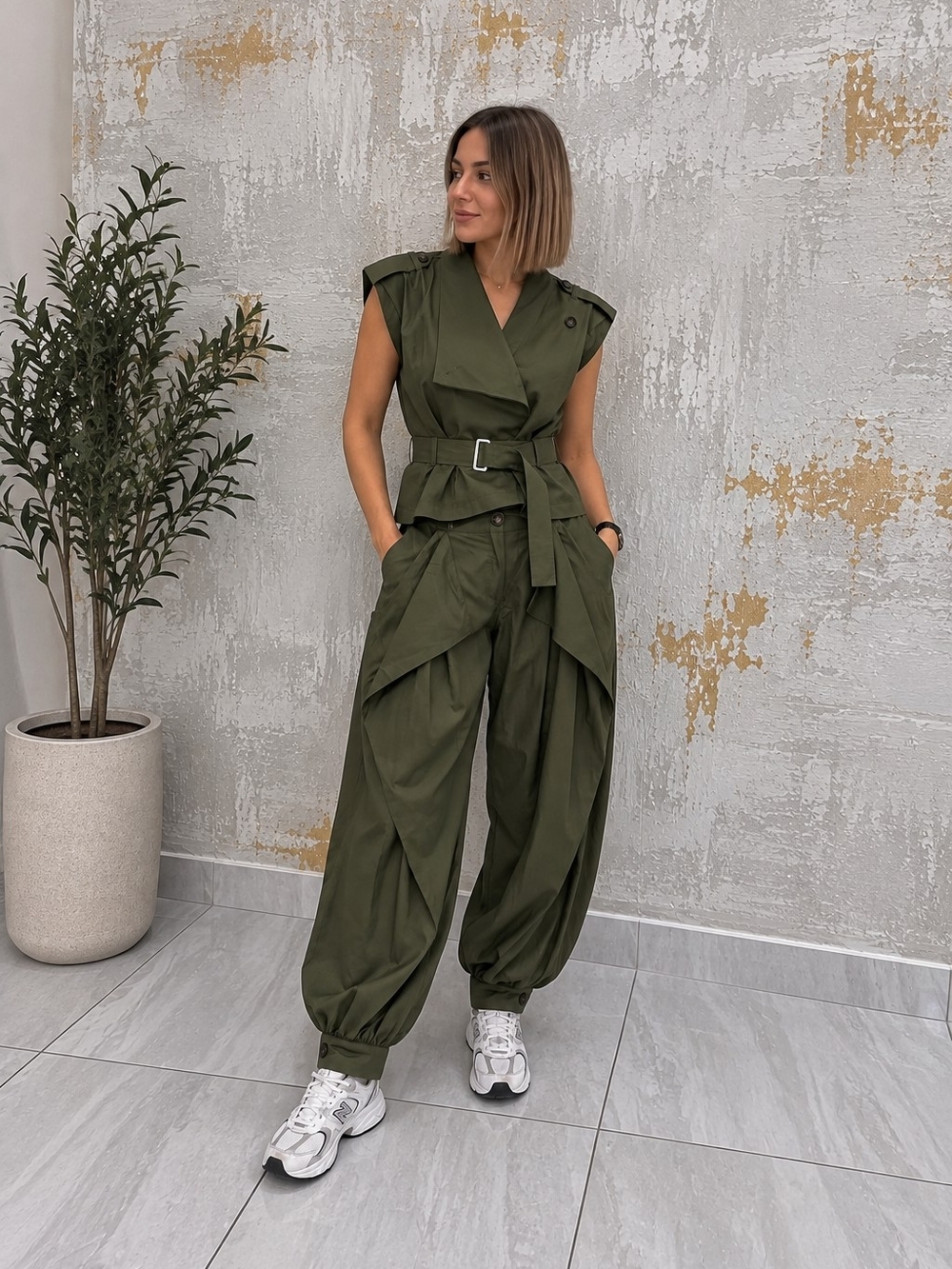 RIVIR Olive Green Utility Wrap Vest & Harem Pants 2 Piece Set Size S